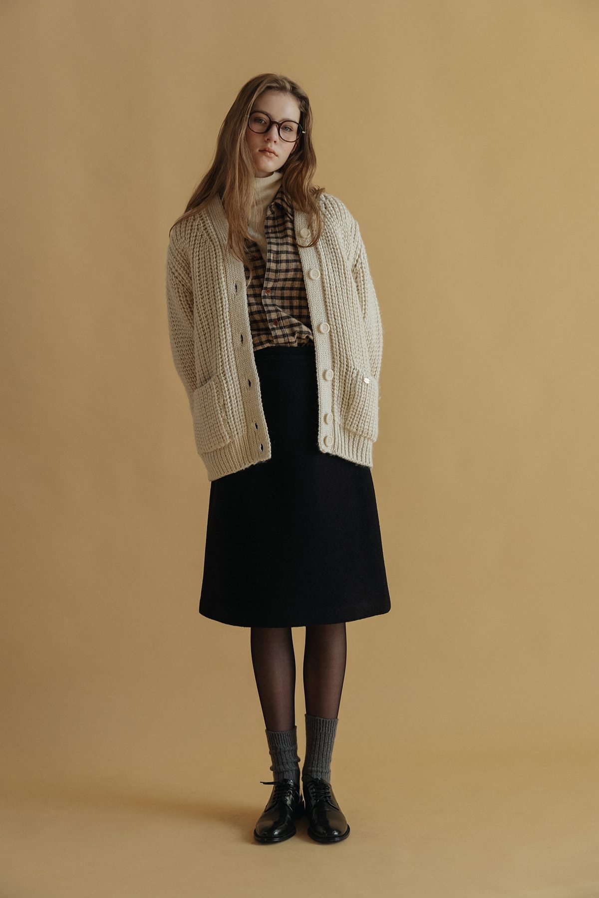 Cardigan over turtleneck dress with tights fall outfit