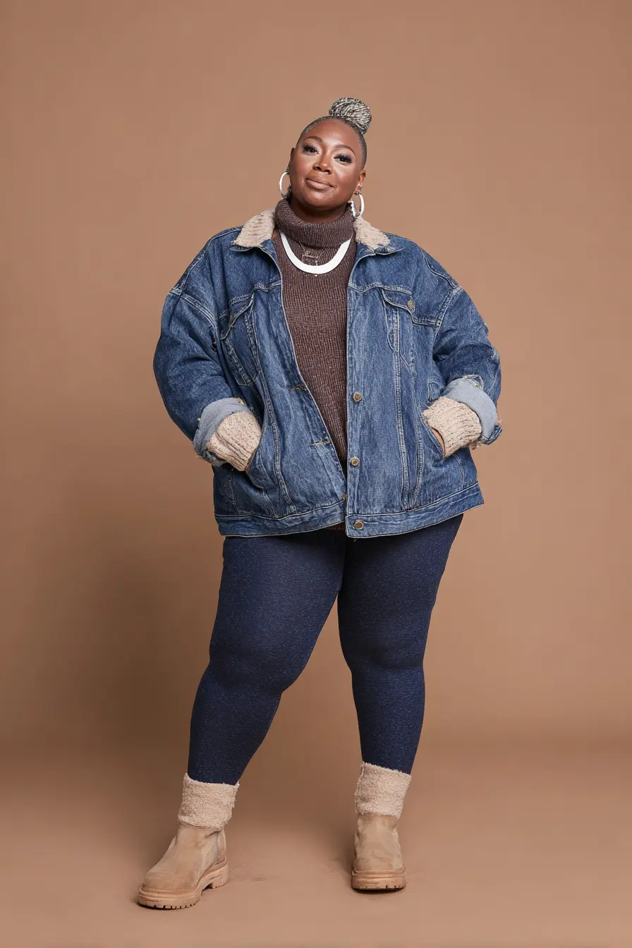 Woman wearing a sherpa trucker jacket with leggings