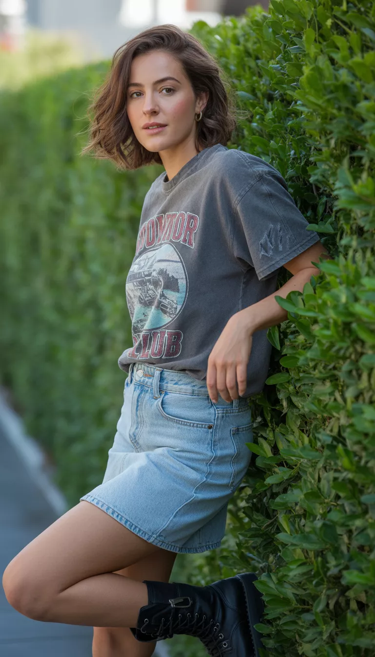 Woman in a denim mini skirt with a graphic tee