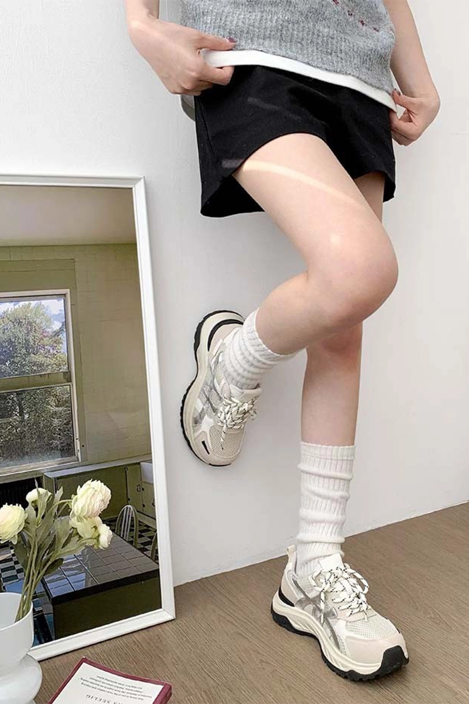 Y2K chunky sneakers with mini skirt fall outfit