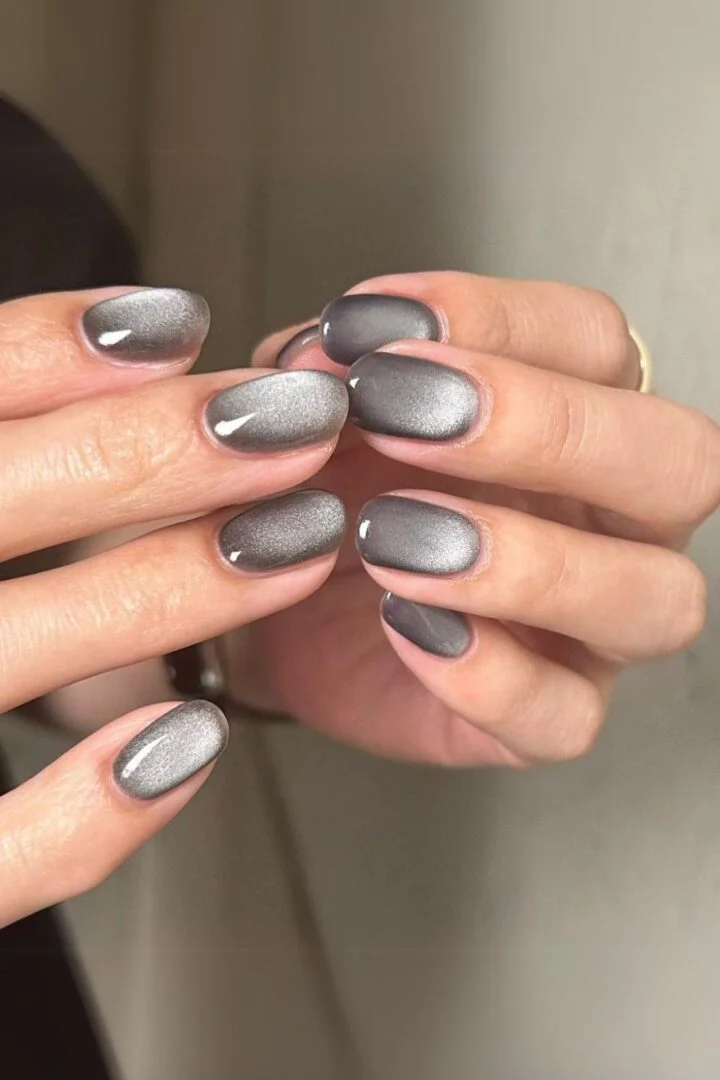 Charcoal grey velvet cat eye nails