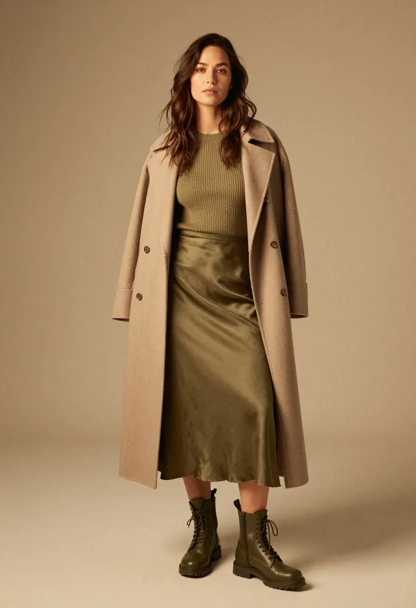 Woman in satin midi skirt with combat boots