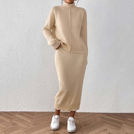 Woman wearing a matching knit midi skirt and sweater set