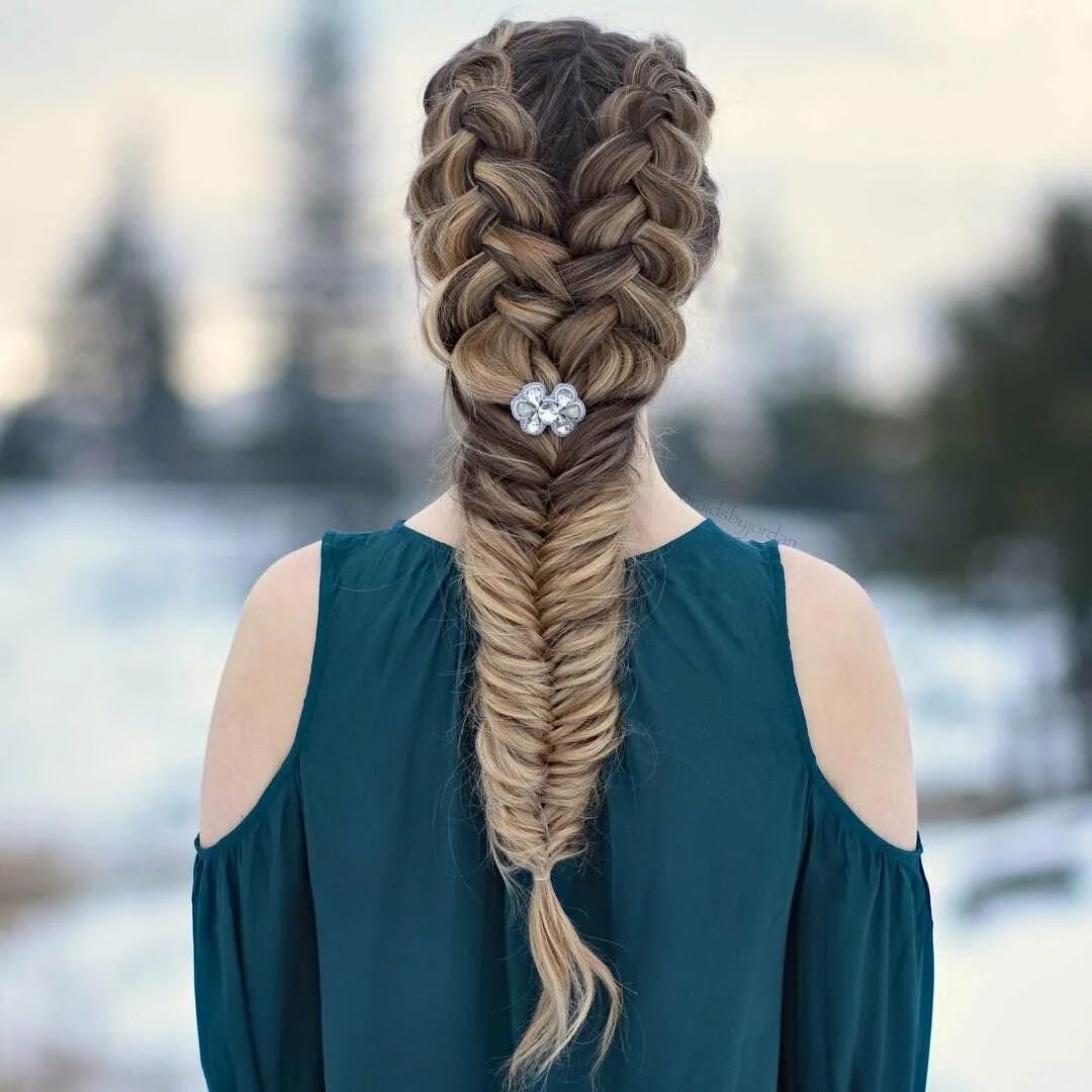 Long hair fishtail braid winter hairstyle
