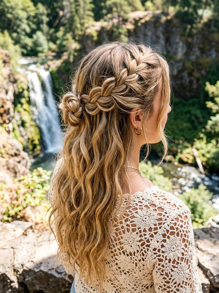 Long hair waterfall braid festive hairstyle