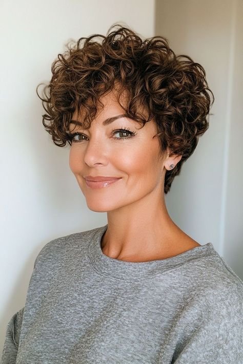Rounded halo curly pixie cut