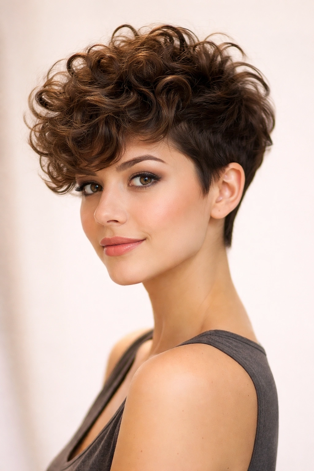 Curly pixie with dimensional highlights