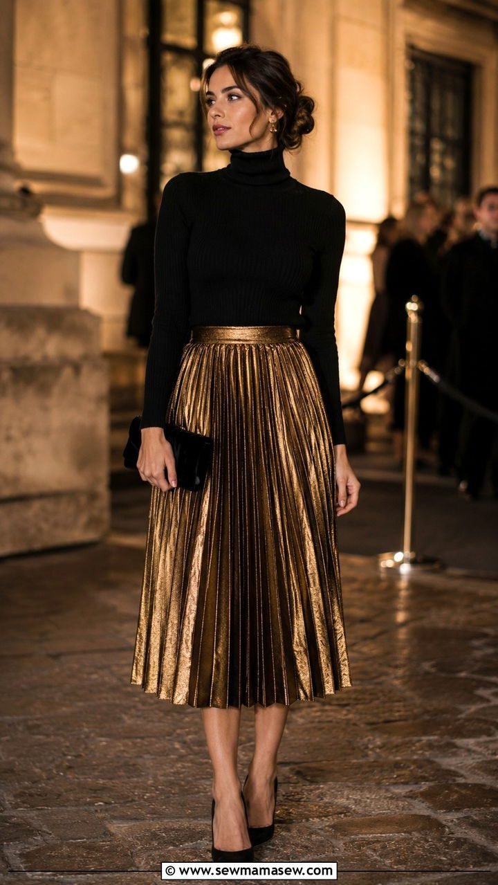 Woman in metallic pleated skirt with black turtleneck