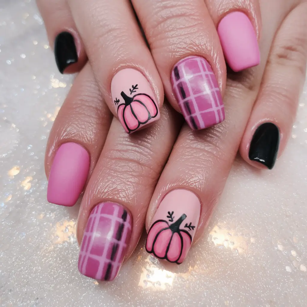 Pink pumpkin nail art with black faces Halloween