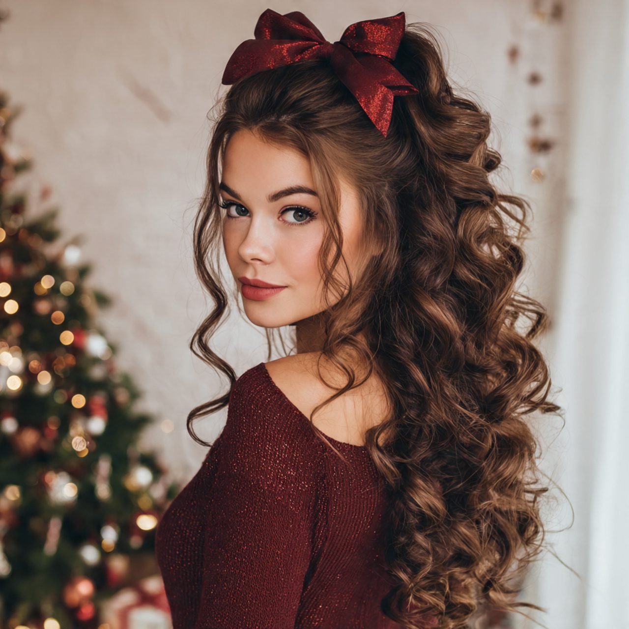 Long hair messy bun christmas cozy hairstyle