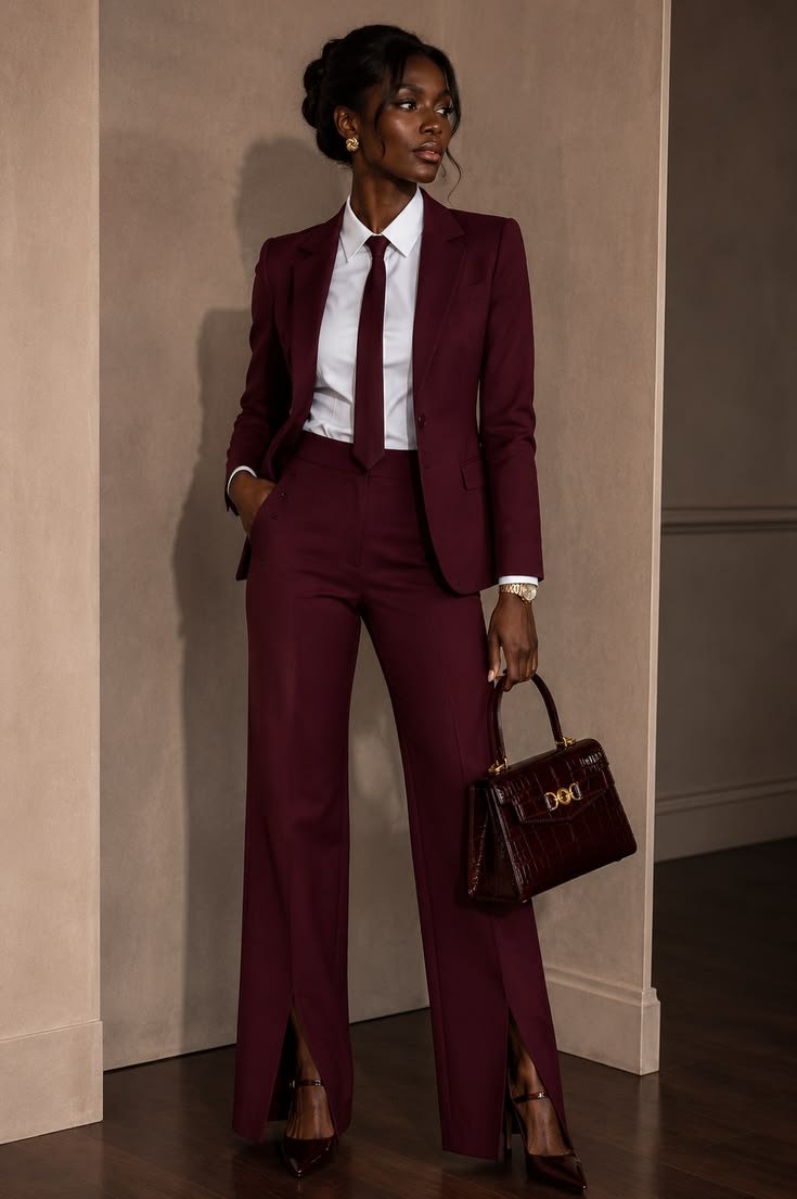 Burgundy suit for work Christmas party outfit