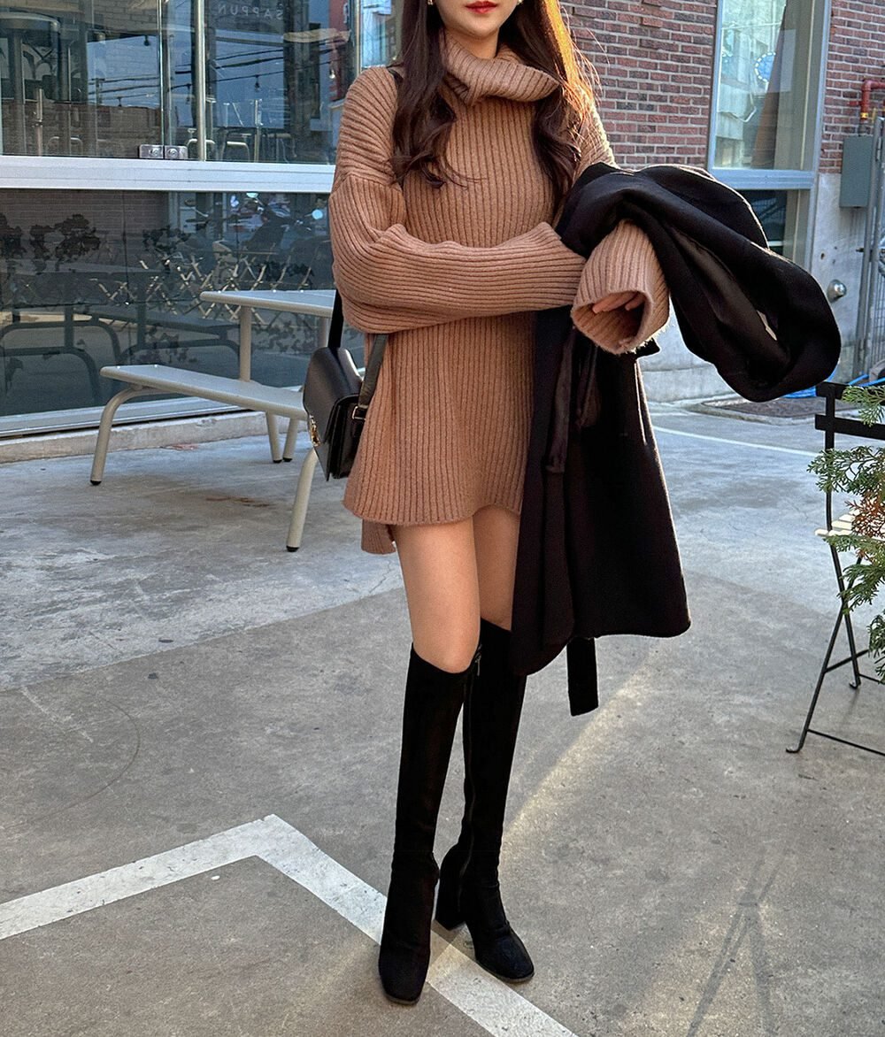 Sweater dress with knee high boots for work Christmas party