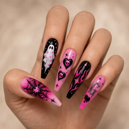 Pink flame nail art on black Halloween nails