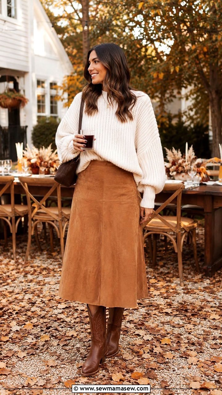 Woman in suede skirt with cashmere sweater and heeled boots