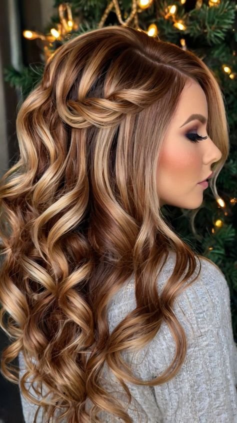 Long hair romantic half up curls christmas hairstyle