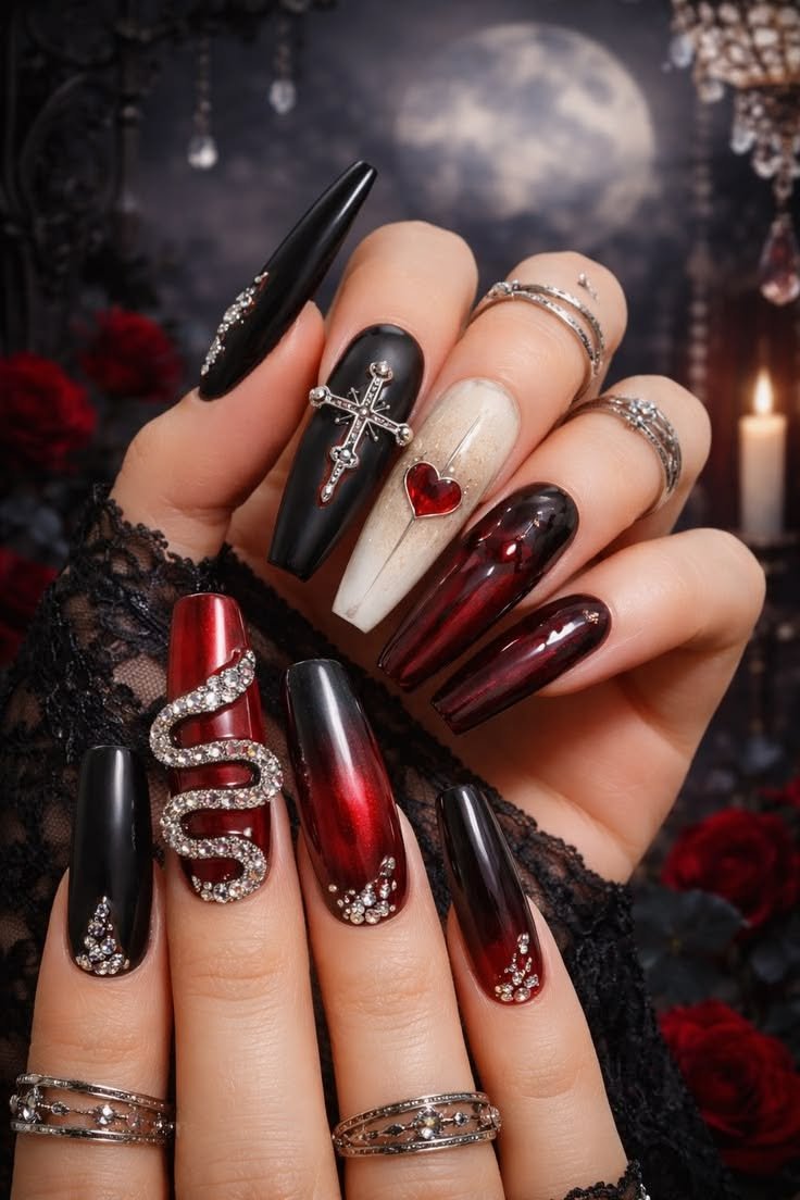 Dark Romance Roses - Halloween nail art