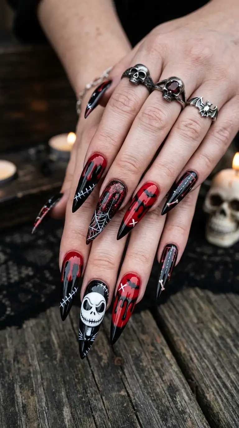 Red Lace Overlay - Halloween nail art
