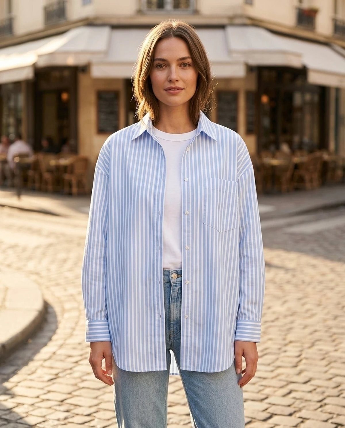 Woman in a blue and white outfit for game day