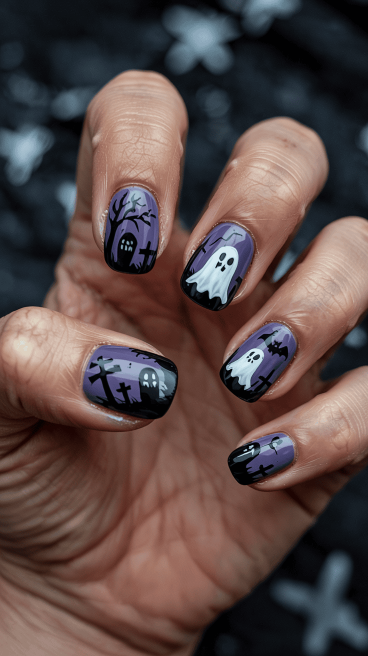 Black Nails with Purple Ghost Faces
