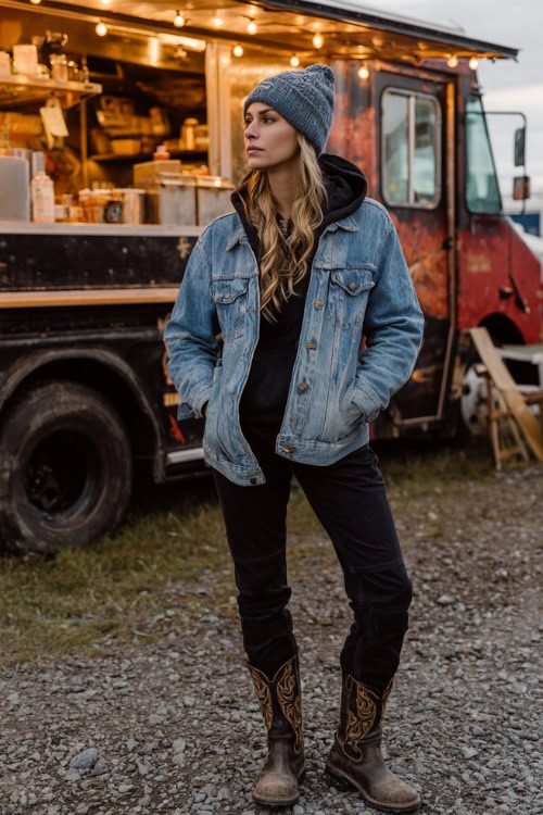 Woman wearing Hunter boots with a denim jacket and hoodie