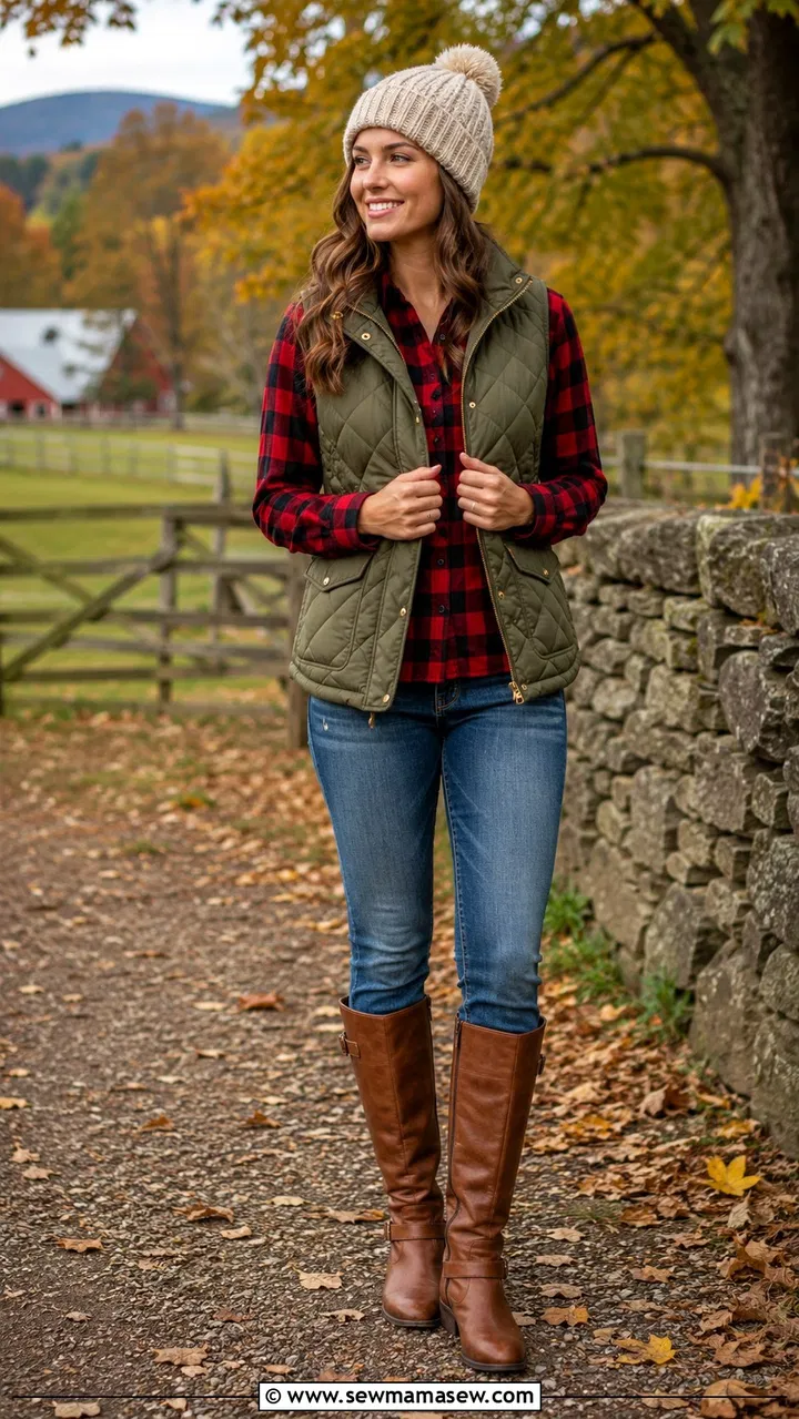 Quilted vest over flannel shirt fall outdoor layering