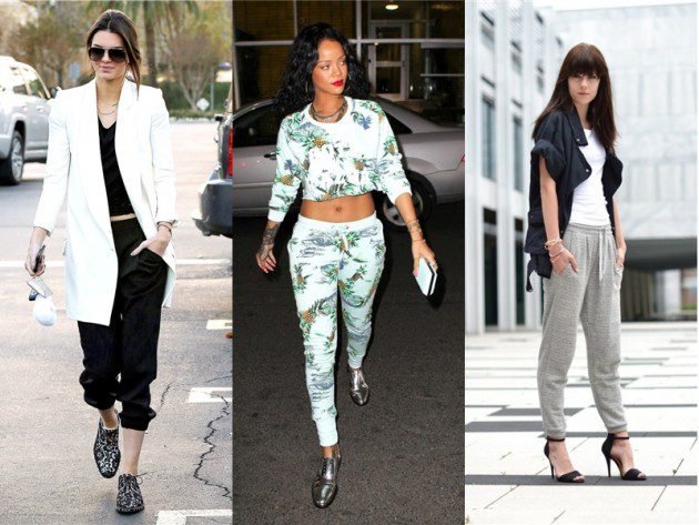 Woman wearing high heels with sweatpants street style