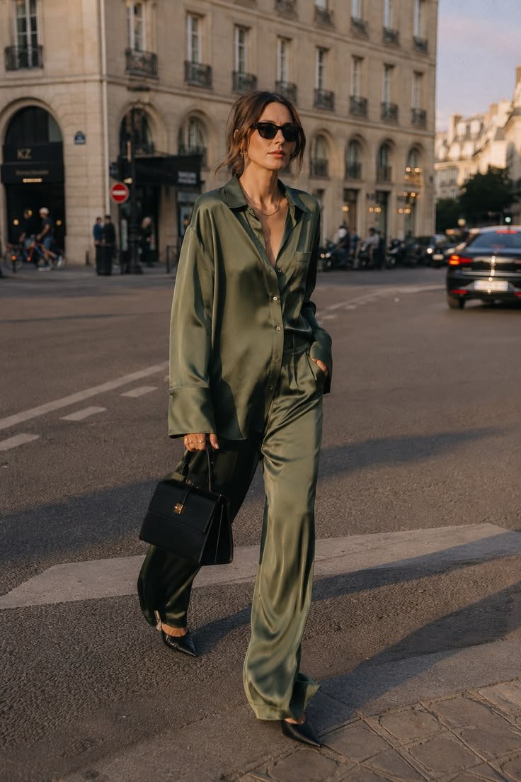 Woman in a silk pajama set styled as daywear with heels