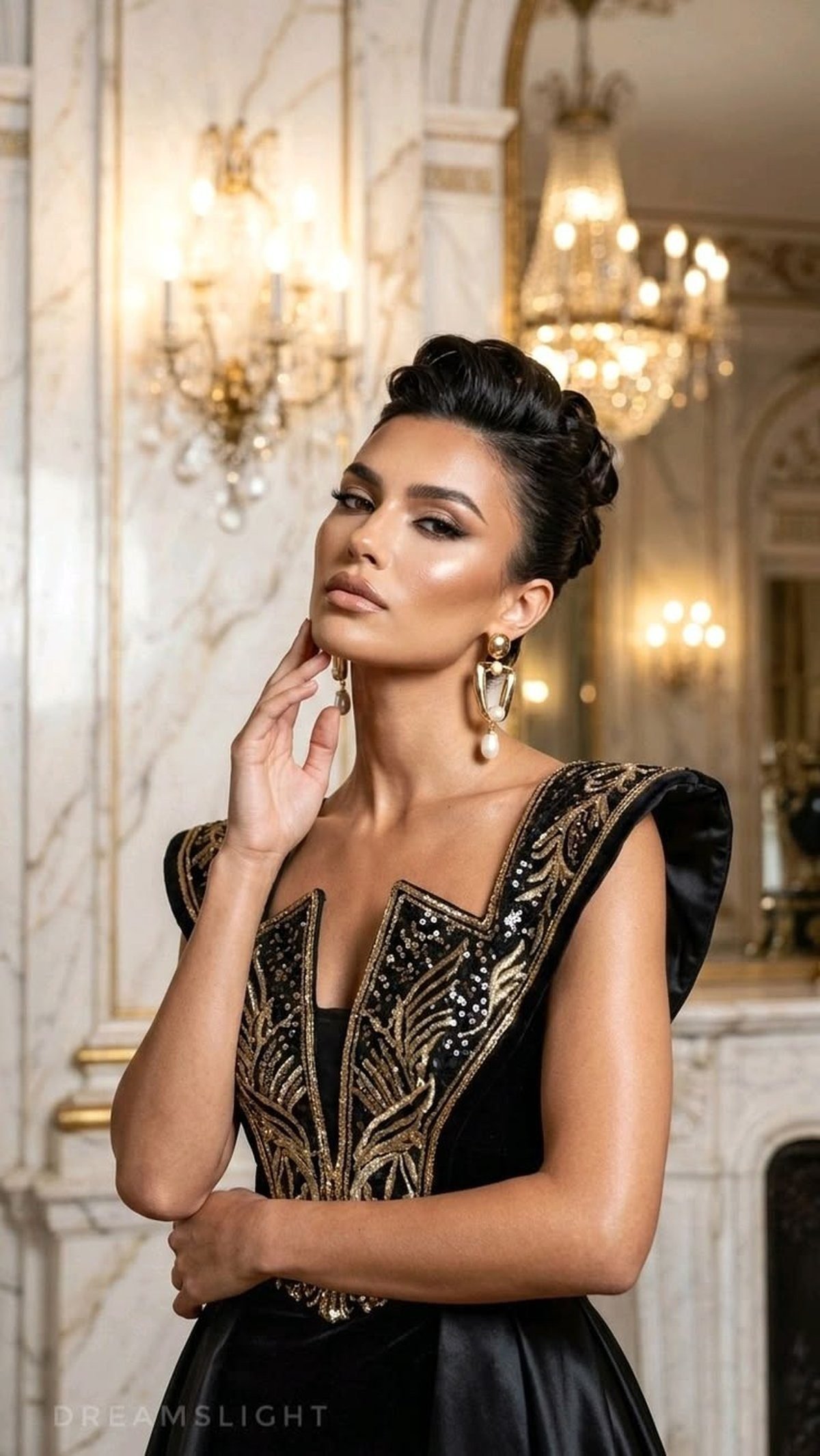 Woman wearing black and gold for a luxe game day look