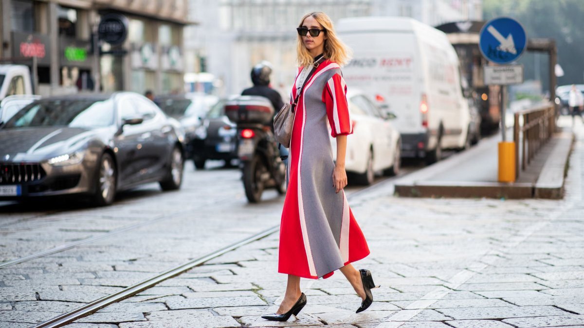 Woman wearing crimson and gray tailored game day style