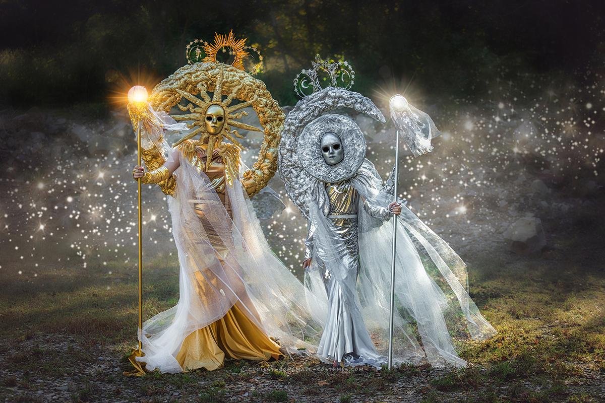 Two women in sun and moon celestial costumes