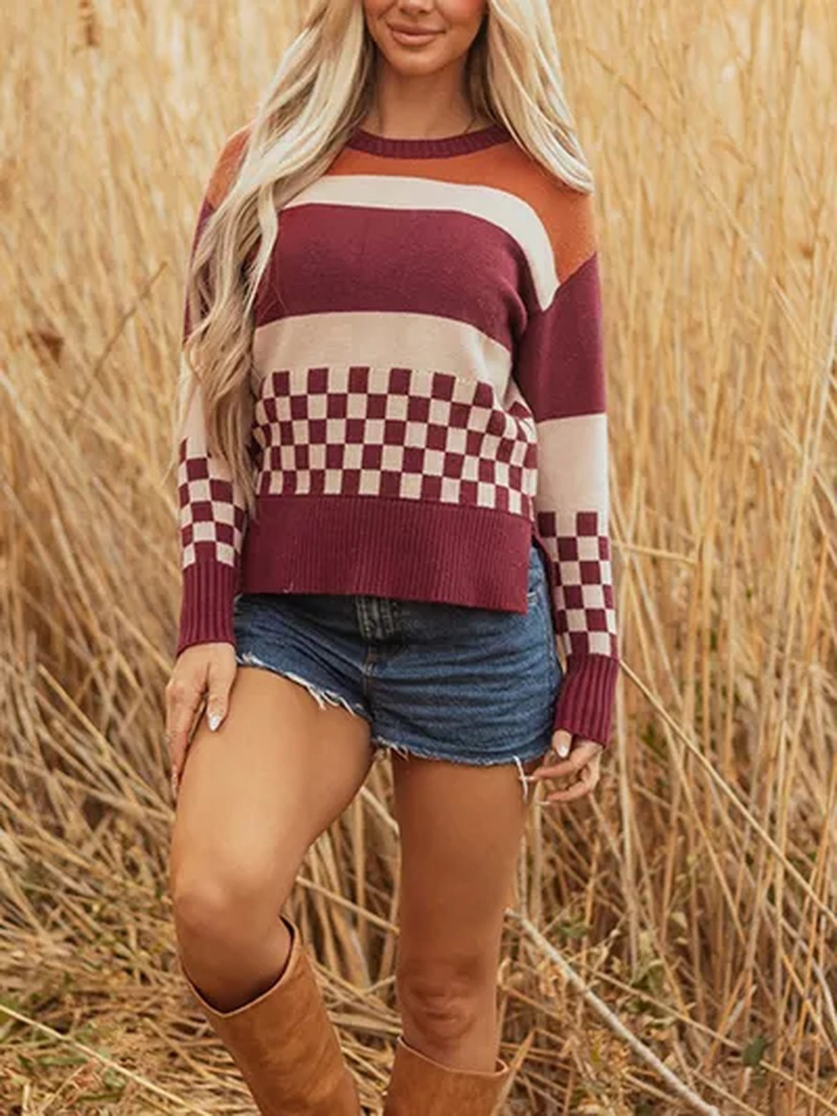 Woman wearing burnt orange and cream for retro game day warmth