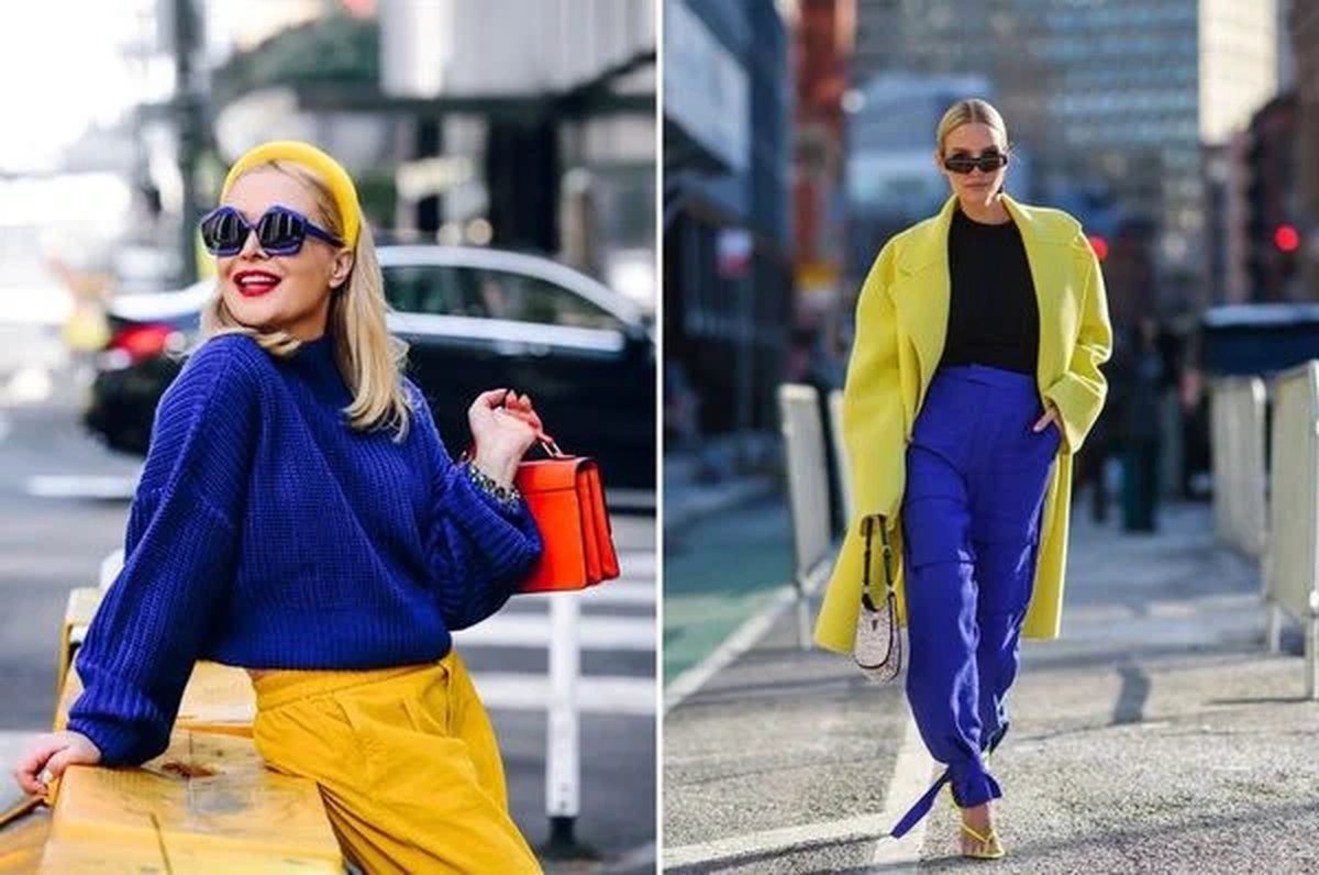 Woman wearing yellow and navy high-contrast game day outfit