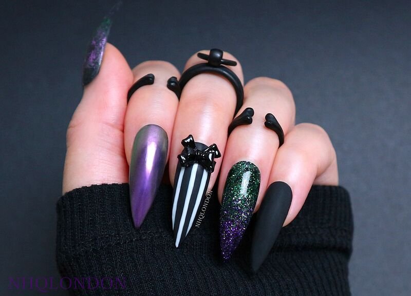 Black and Purple Striped Candy Nails