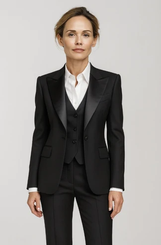 Woman wearing a black tuxedo-style suit, androgynous evening elegance
