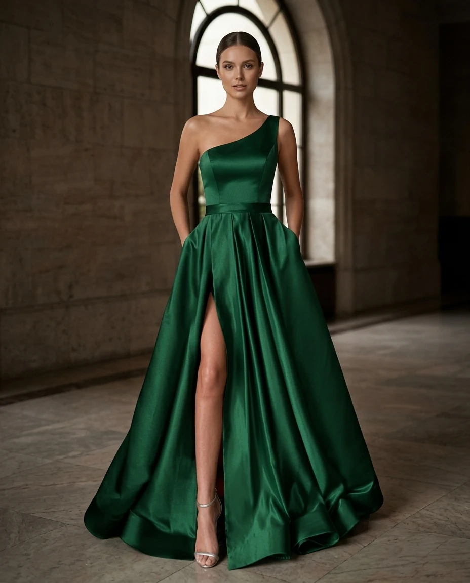 Woman wearing a one-shoulder draped jewel-tone gown