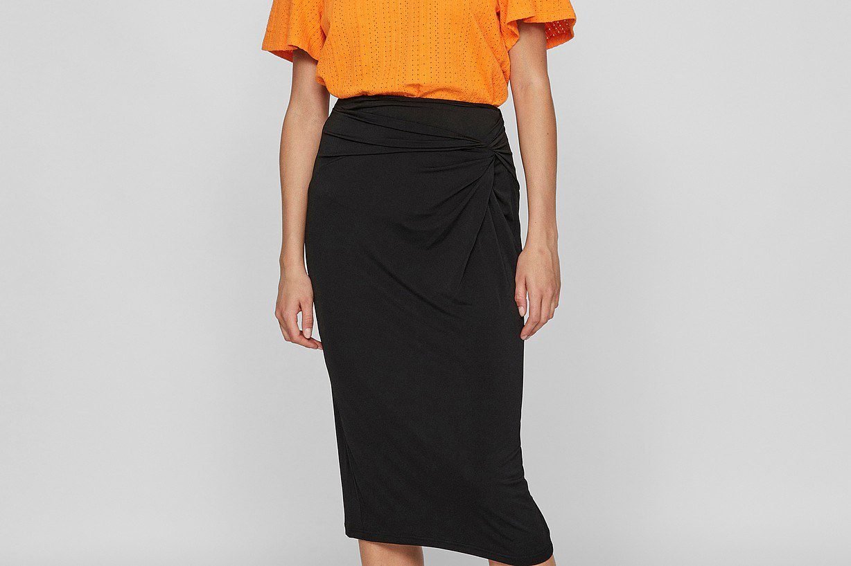 Orange satin skirt with black blazer outfit