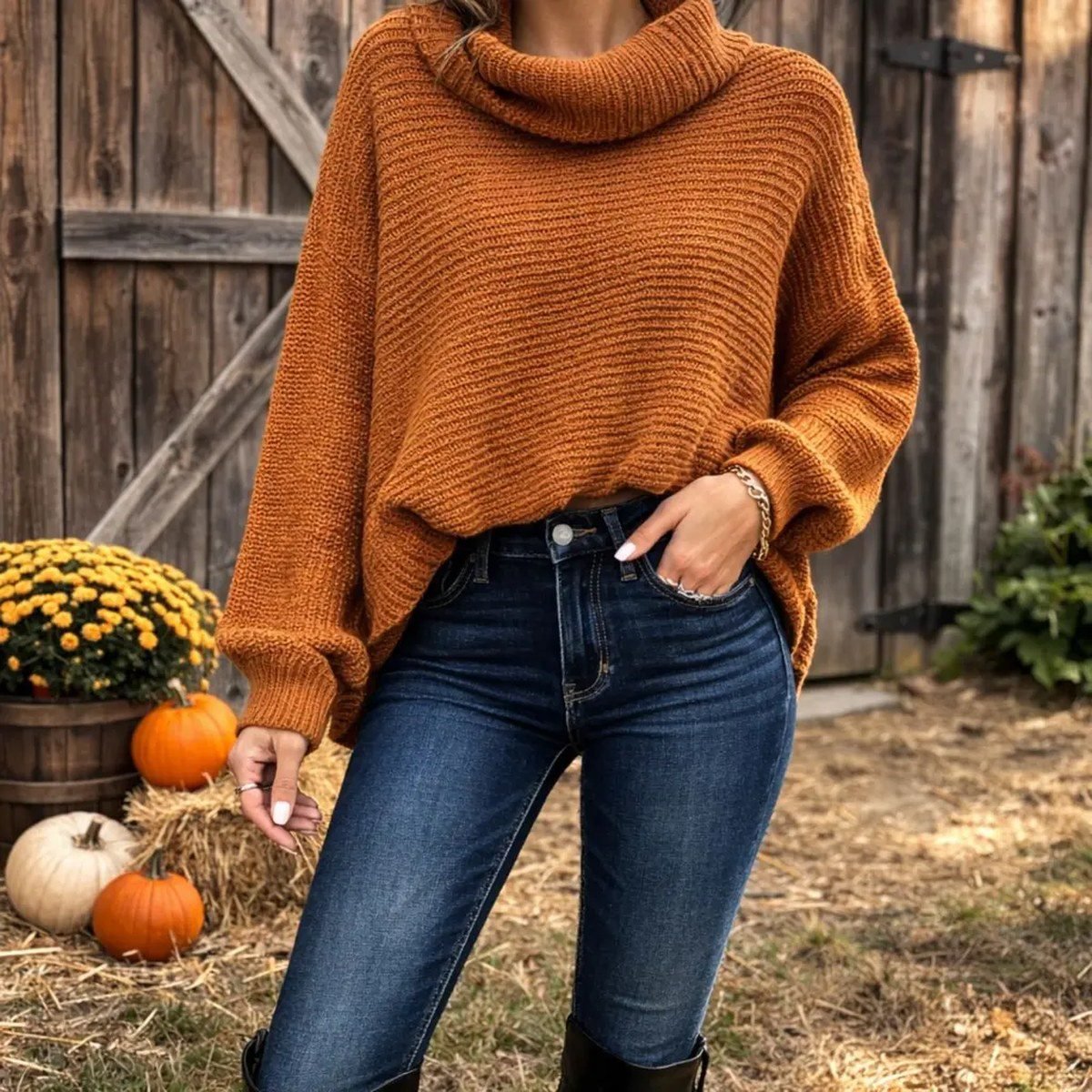 Camel orange coat over black dress fall outfit