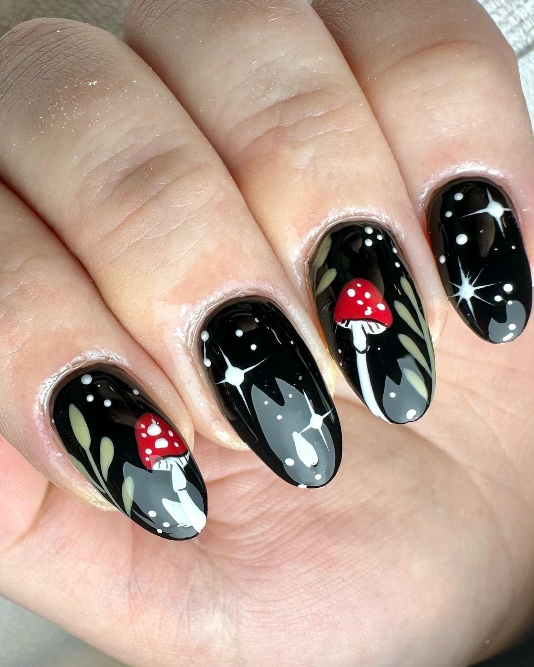Dark mushroom fairy whimsigoth nail art