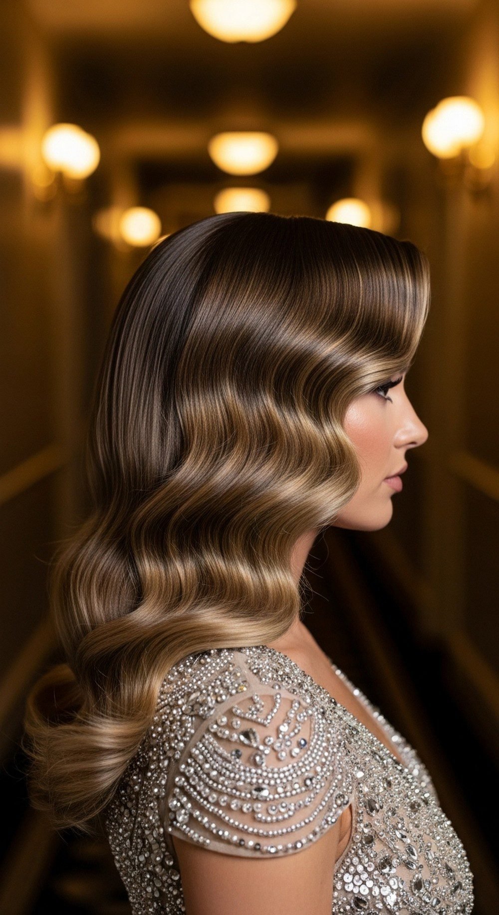 Side part glossy waves party hairstyle