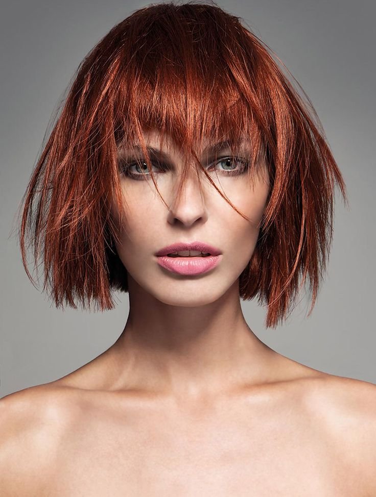 Copper french bob with curtain bangs