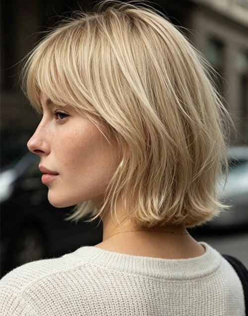 Blonde french bob with curtain bangs
