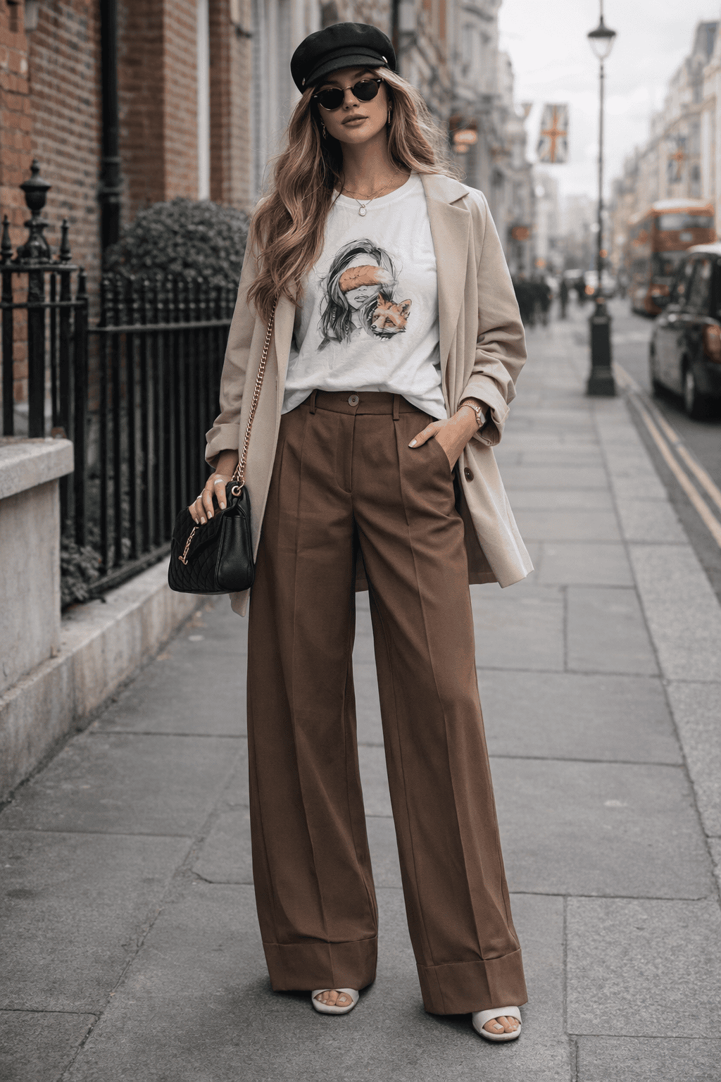 Woman in trench coat with graphic tee and tailored trousers