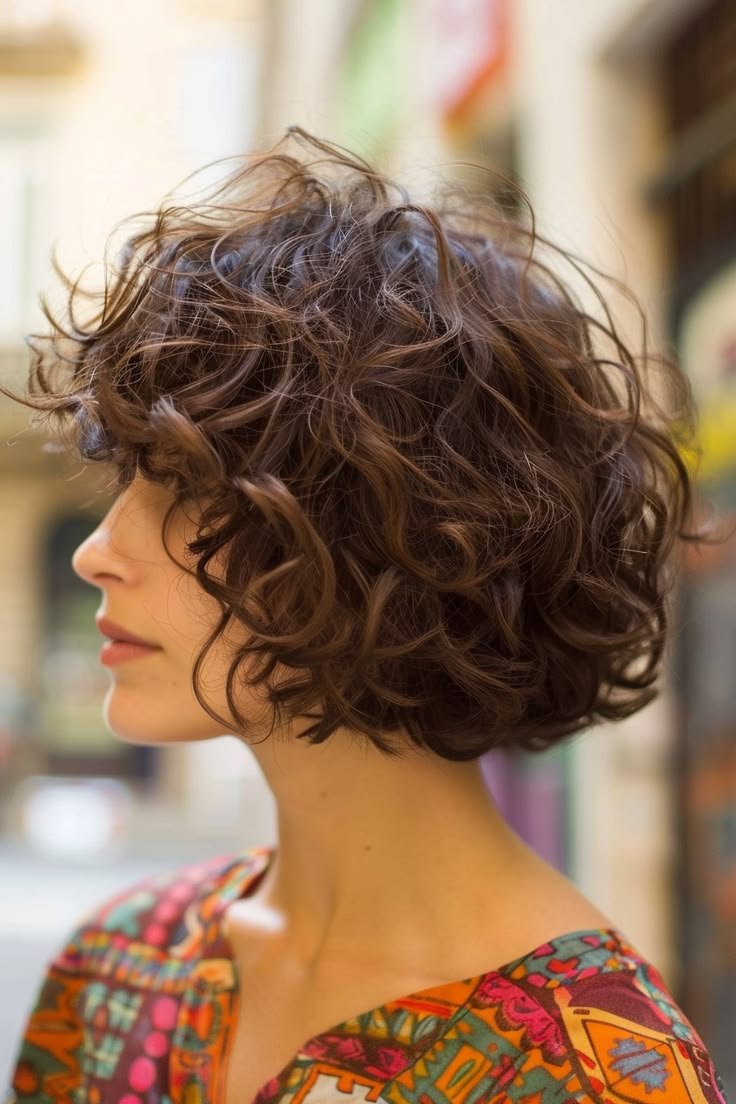 Curly french bob with curtain bangs