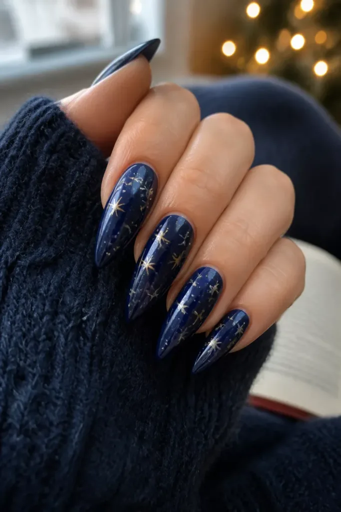Midnight Blue Gold Stars Christmas Nails