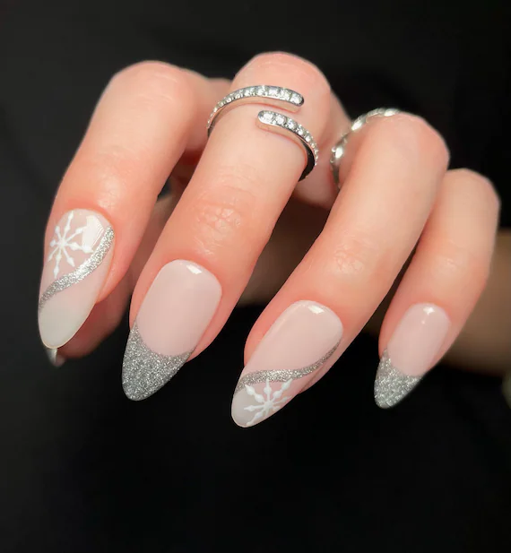 Silver Glitter French Tip Nails Winter