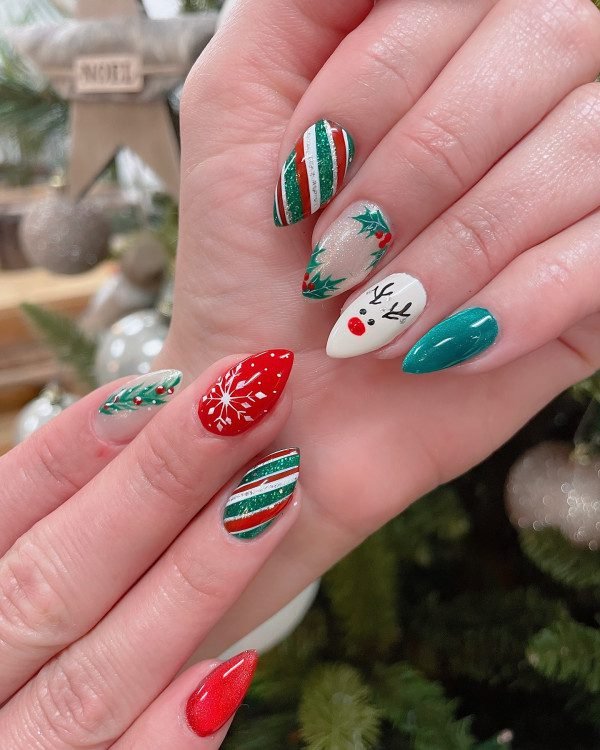 Red Green Mismatched Christmas Nails