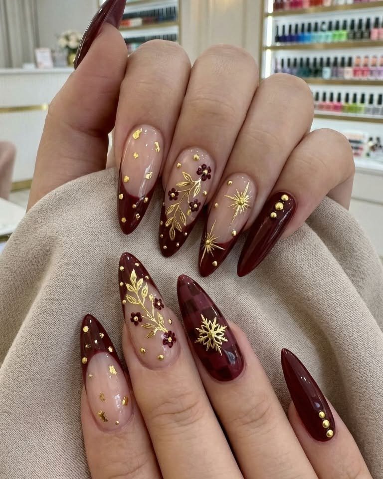 Burgundy Gold Foil Christmas Nails