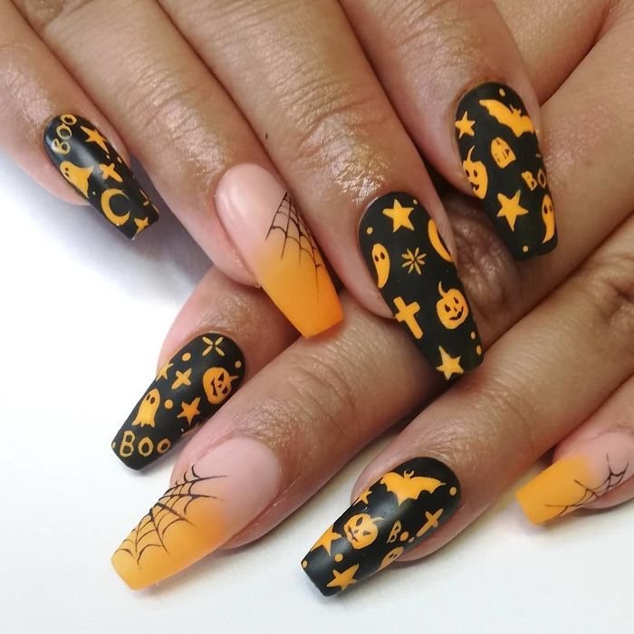 Orange and Black Color Block - Halloween nail art