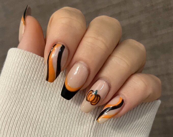 Orange and Black Plaid - Halloween nail art