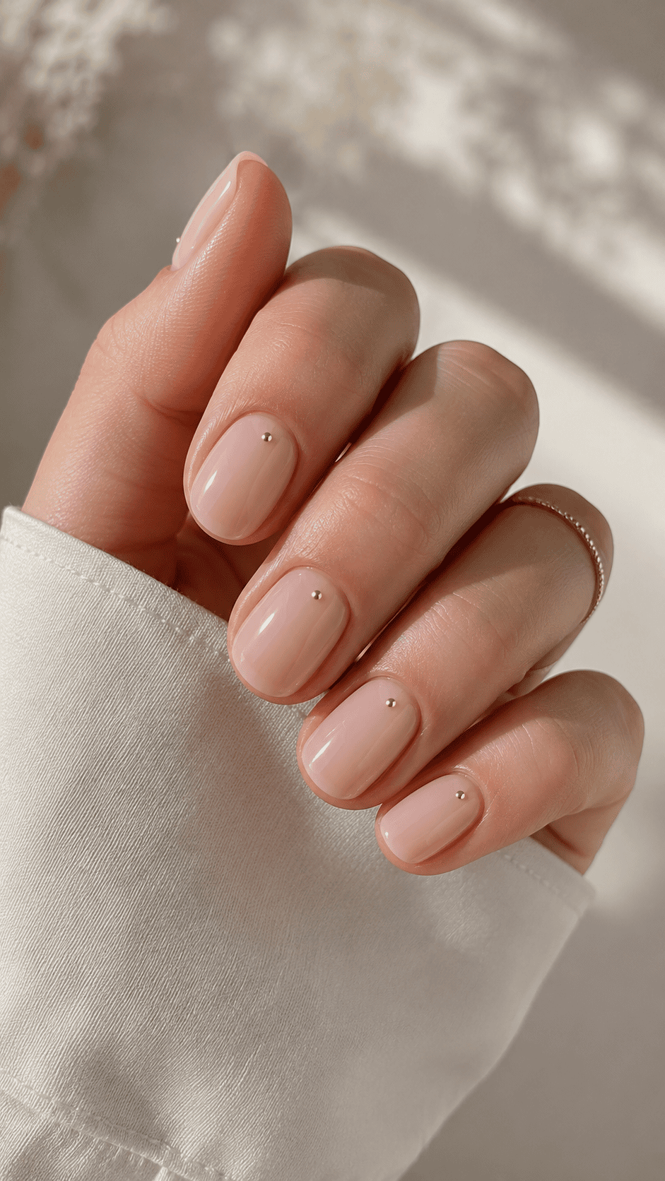 Nude nails with a single tiny gold dot accent